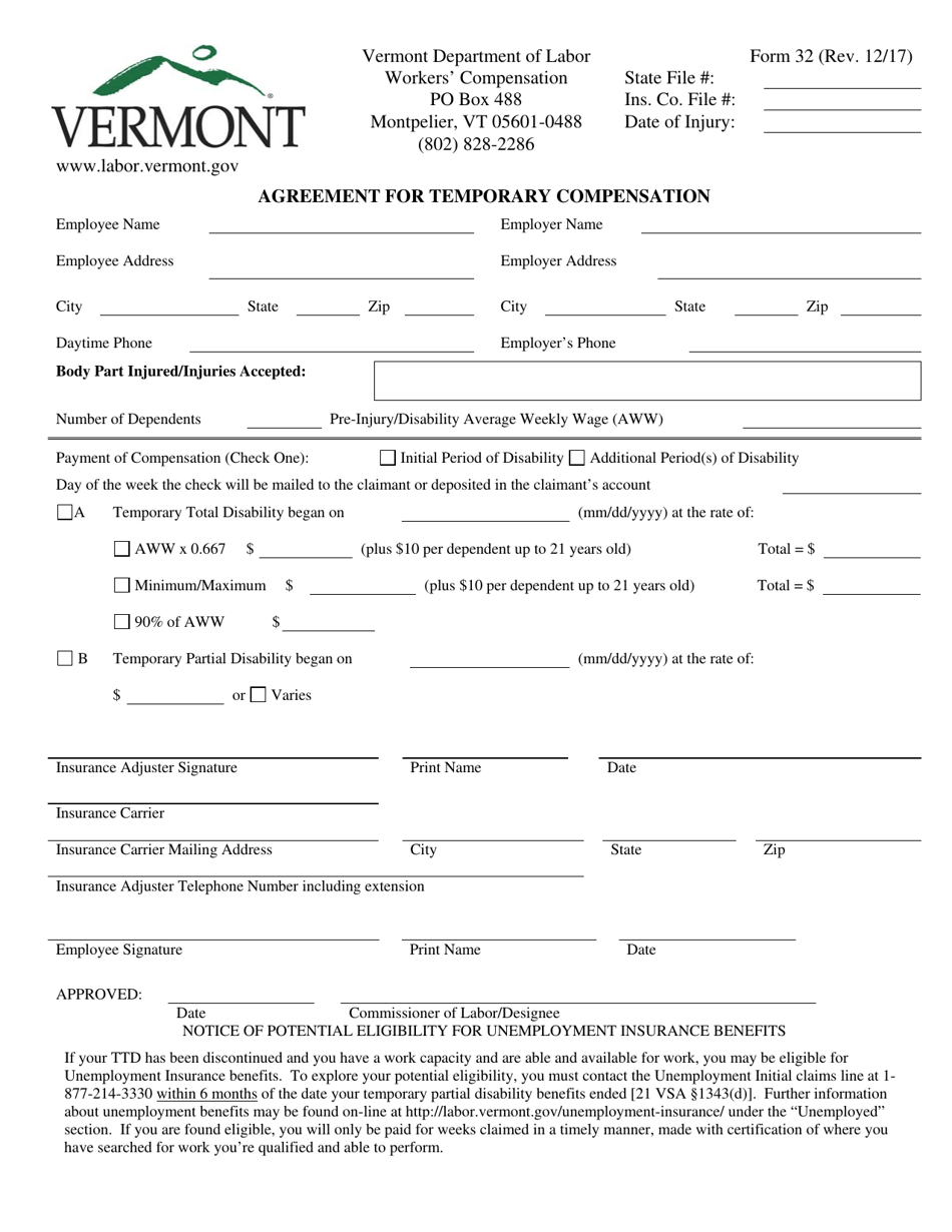 DOL Form 32 Agreement for Temporary Compensation - Vermont, Page 1