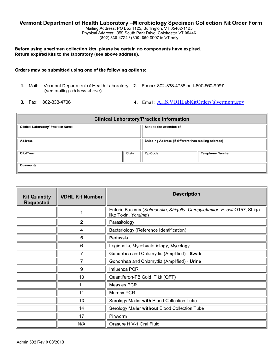 Form Admin502 Microbiology Specimen Collection Kit Order Form - Vermont, Page 1