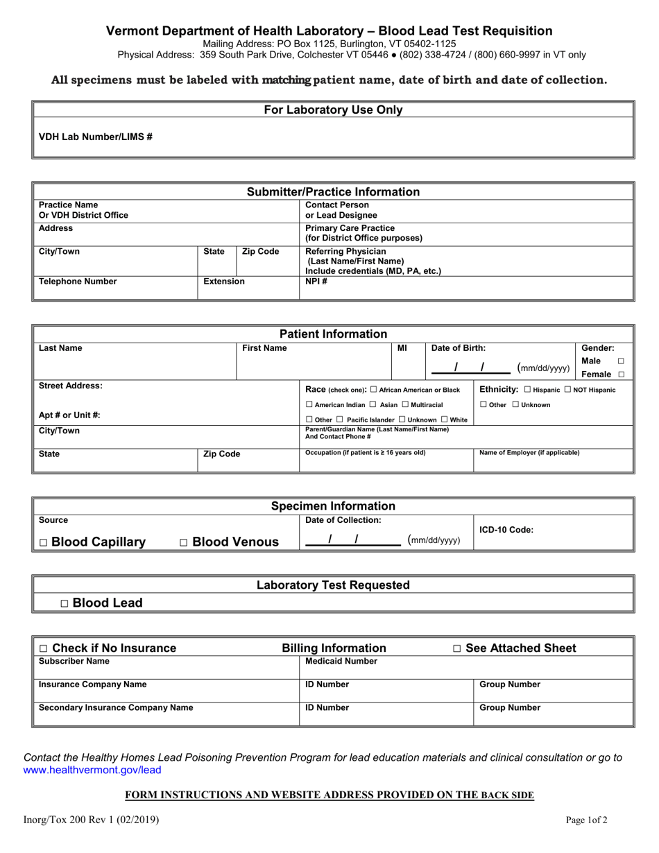 Form Inorg / Tox200 Blood Lead Test Requisition - Vermont, Page 1