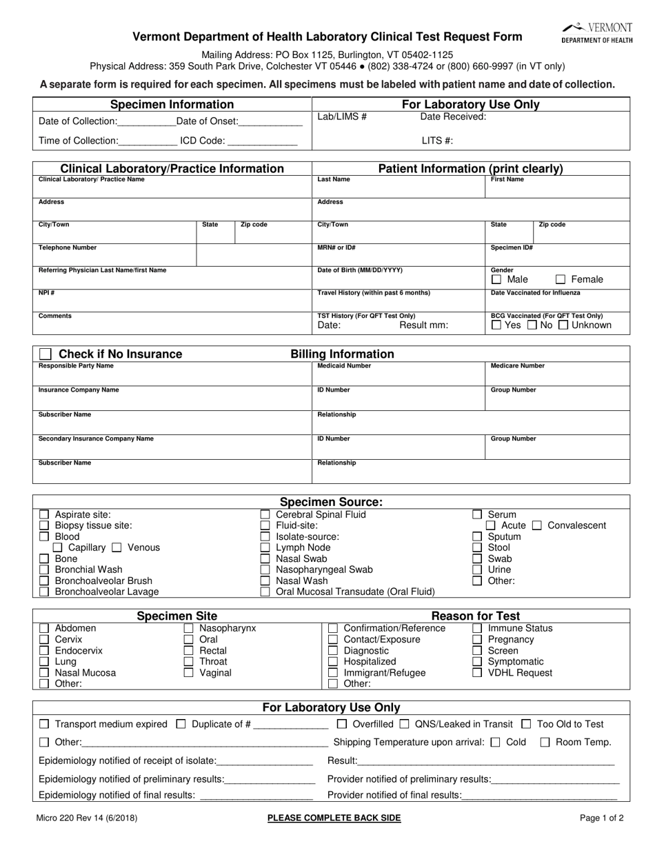 Form Micro220 Laboratory Clinical Test Request Form - Vermont, Page 1
