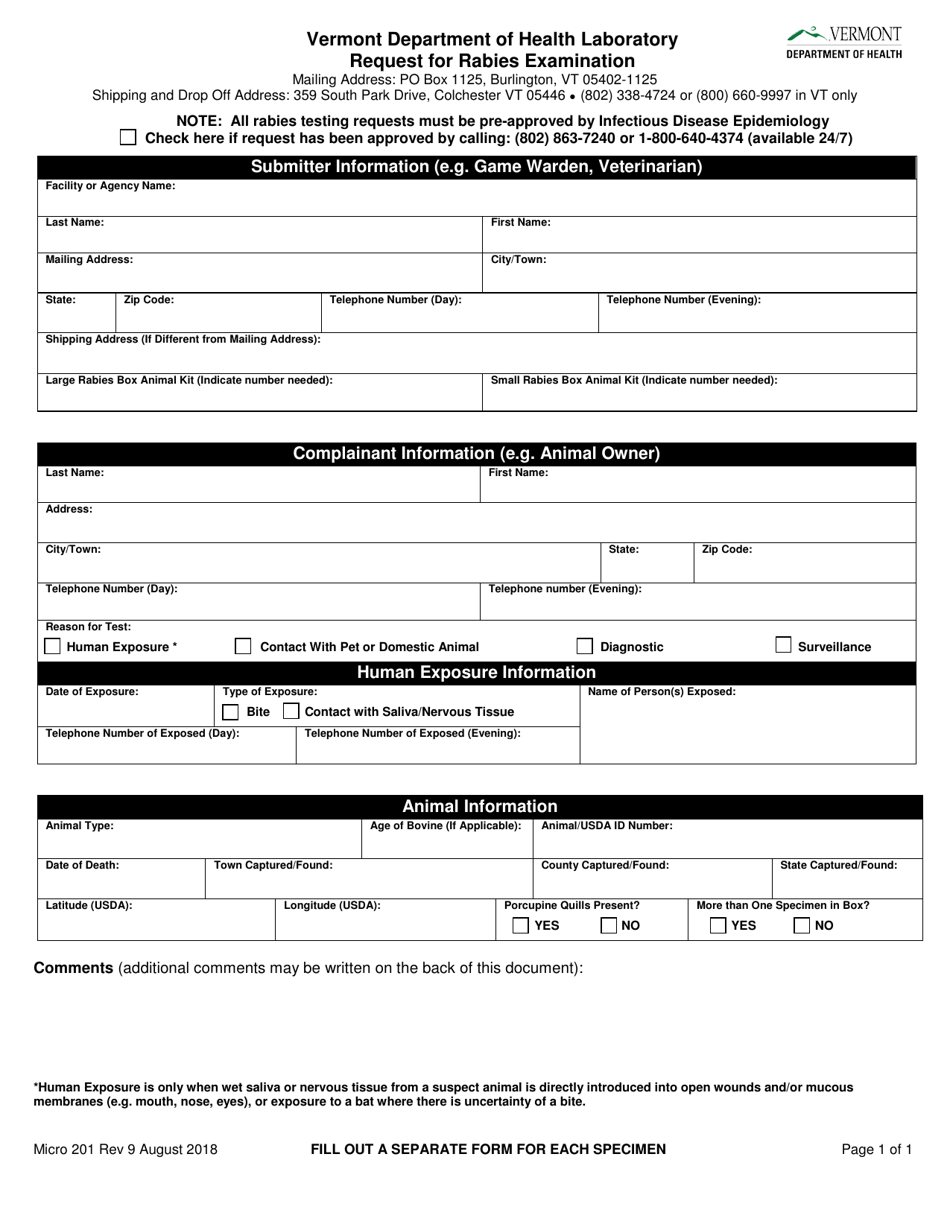 Form Micro201 Request for Rabies Examination - Vermont, Page 1