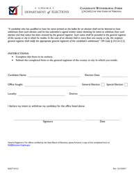 Document preview: Form ELECT-612.2 Candidate Withdrawal Form - Virginia