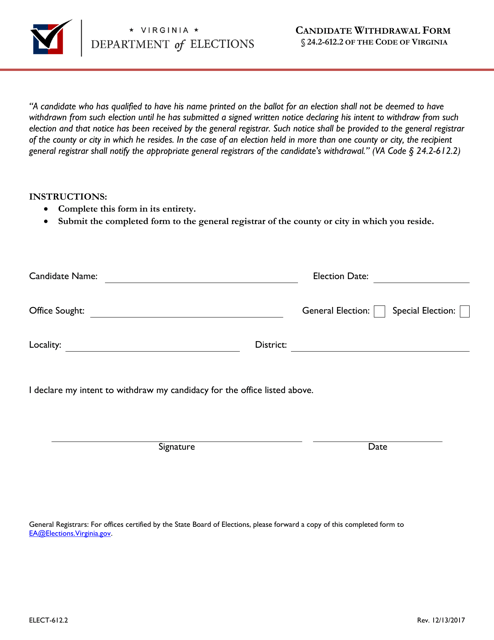 Form ELECT-612.2 Candidate Withdrawal Form - Virginia