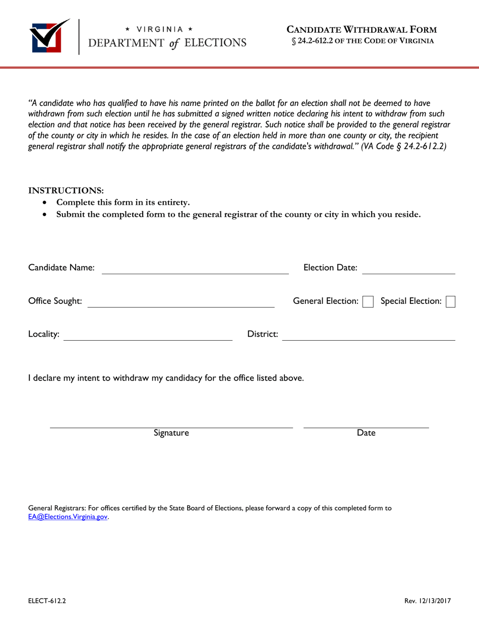 Form ELECT-612.2 Candidate Withdrawal Form - Virginia, Page 1