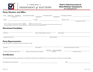 Form ELECT-511 &quot;Party Certification of Non-primary Candidate&quot; - Virginia