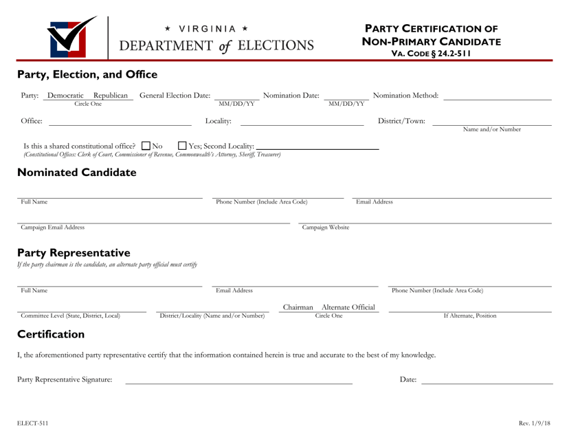 Form ELECT-511 Party Certification of Non-primary Candidate - Virginia