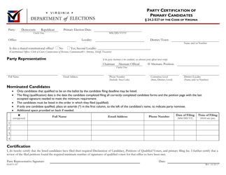 Form ELECT-527 &quot;Party Certification of Primary Candidates&quot; - Virginia