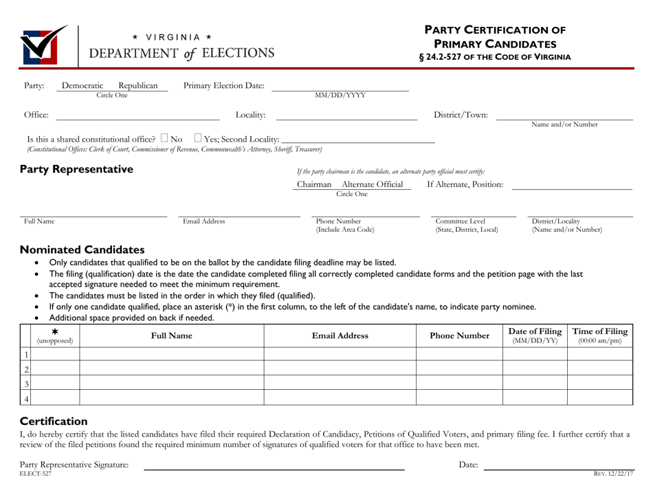 Form ELECT-527 Party Certification of Primary Candidates - Virginia, Page 1