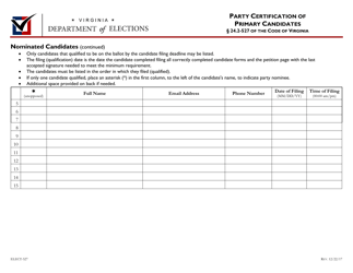 Form ELECT-527 Party Certification of Primary Candidates - Virginia, Page 2