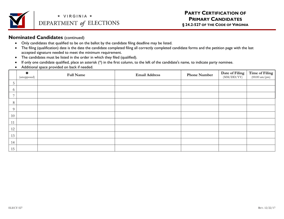 Form ELECT-527 Party Certification of Primary Candidates - Virginia, Page 2