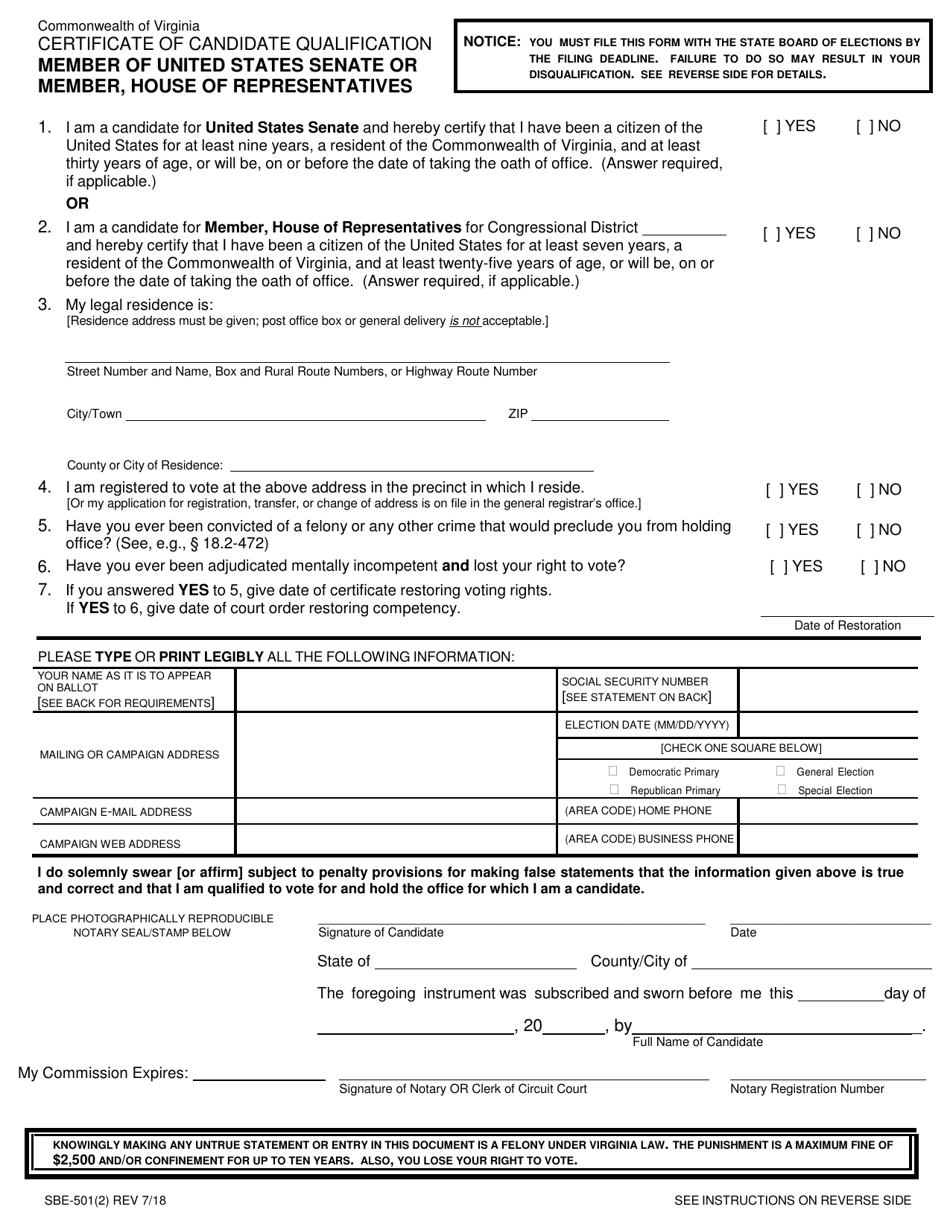 Form SBE-501(2) Certificate of Candidate Qualification - Member of United States Senate or Member, House of Representatives - Virginia, Page 1