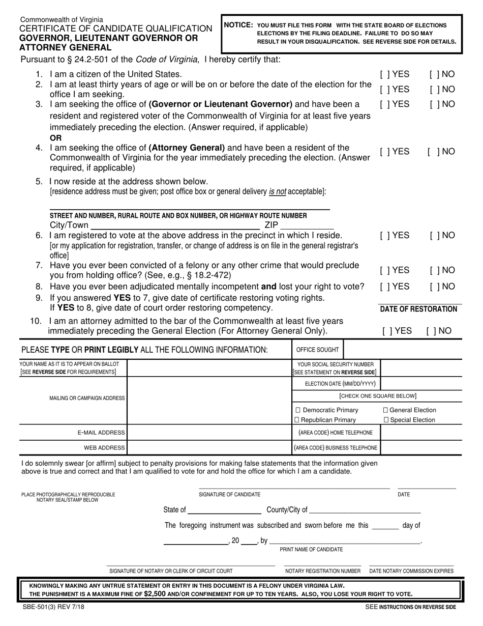 Form SBE-501(3) Certificate of Candidate Qualification - Governor, Lieutenant Governor or Attorney General - Virginia, Page 1