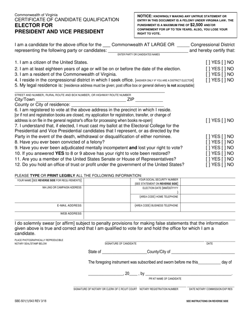 Form SBE-501(1)/543 Certificate of Candidate Qualification - Elector for President and Vice President - Virginia
