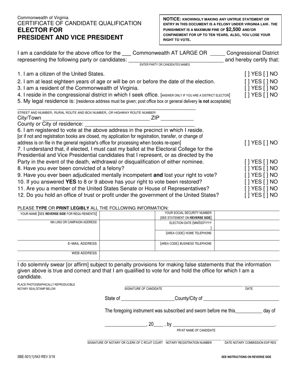 Form SBE-501(1) / 543 Certificate of Candidate Qualification - Elector for President and Vice President - Virginia, Page 1