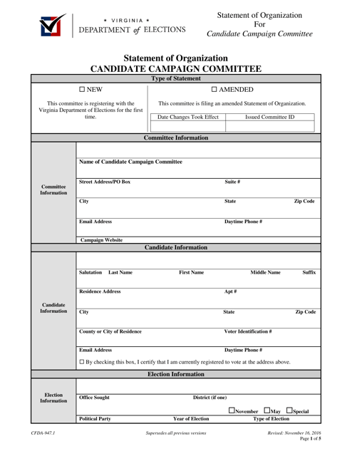 Form CFDA-947.1 Statement of Organization for Candidate Campaign Committee - Virginia