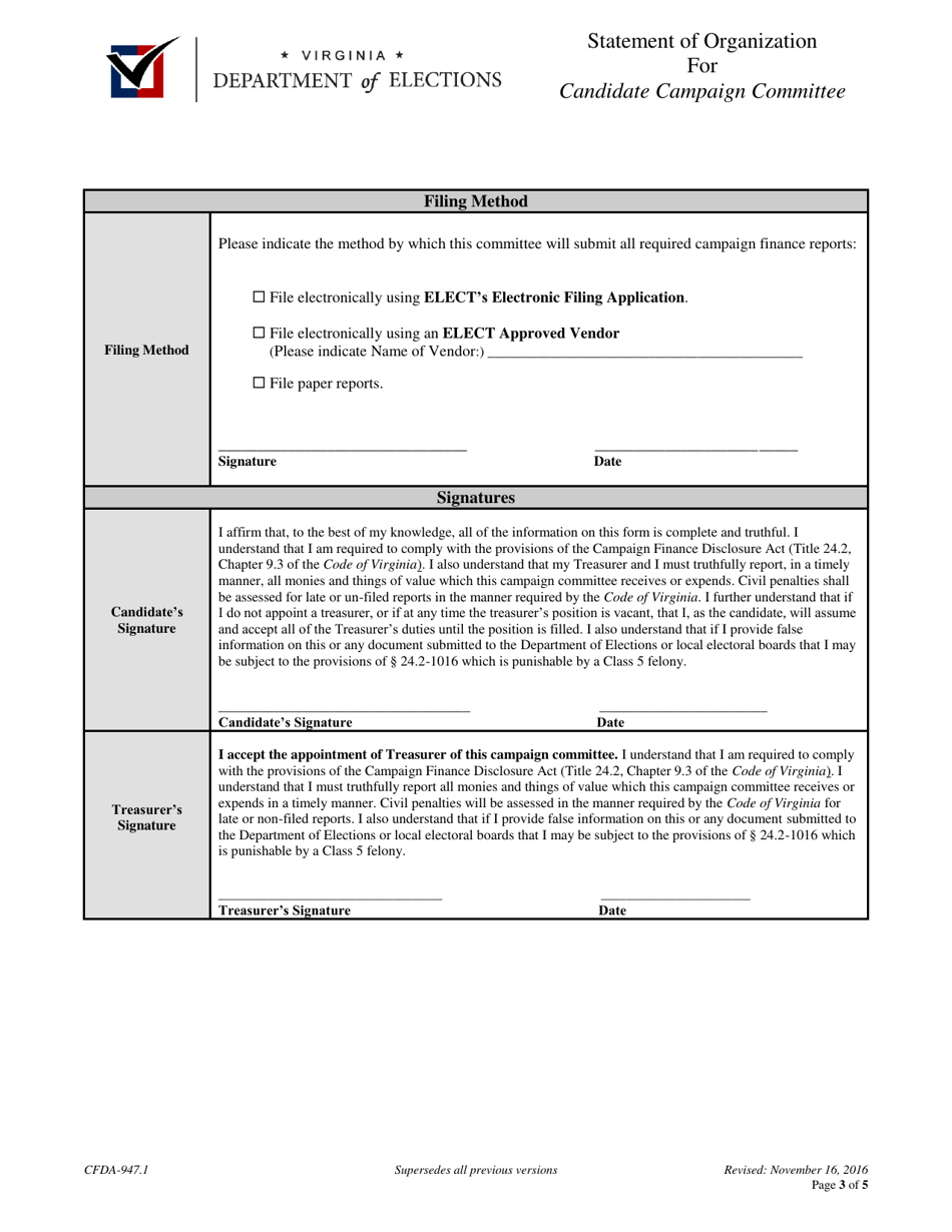 Form CFDA-947.1 Statement of Organization for Candidate Campaign Committee - Virginia, Page 3