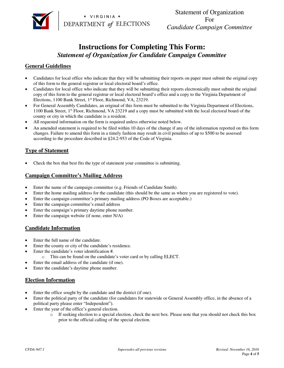 Form CFDA-947.1 Statement of Organization for Candidate Campaign Committee - Virginia, Page 4