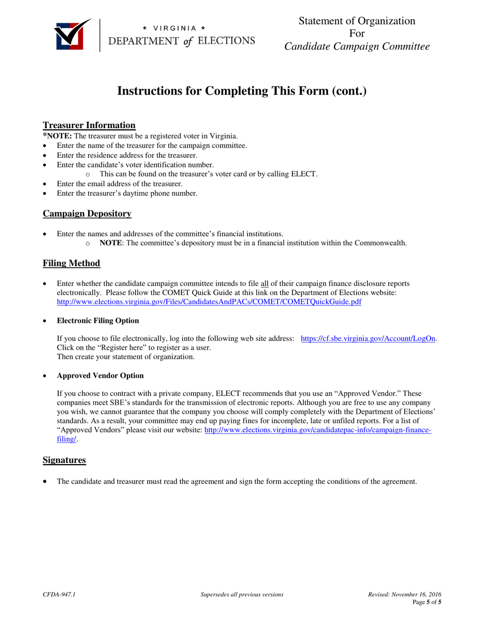 Form CFDA-947.1 Statement of Organization for Candidate Campaign Committee - Virginia, Page 5