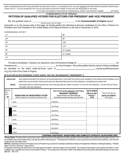 Form SBE-543 Petition of Qualified Voters for Electors for President and Vice President - Virginia