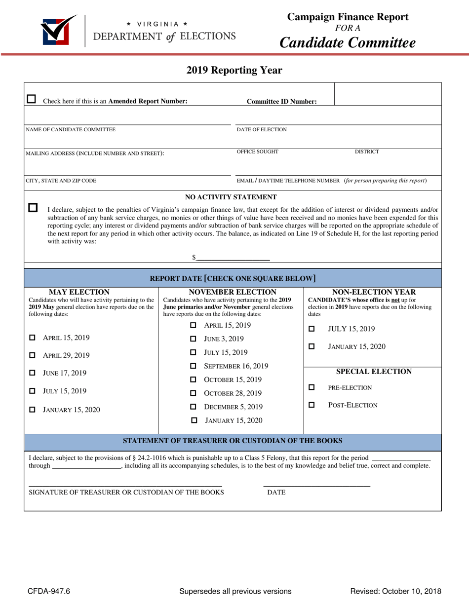 Form CFDA-947.6 Campaign Finance Report for a Candidate Committee - Virginia, Page 1