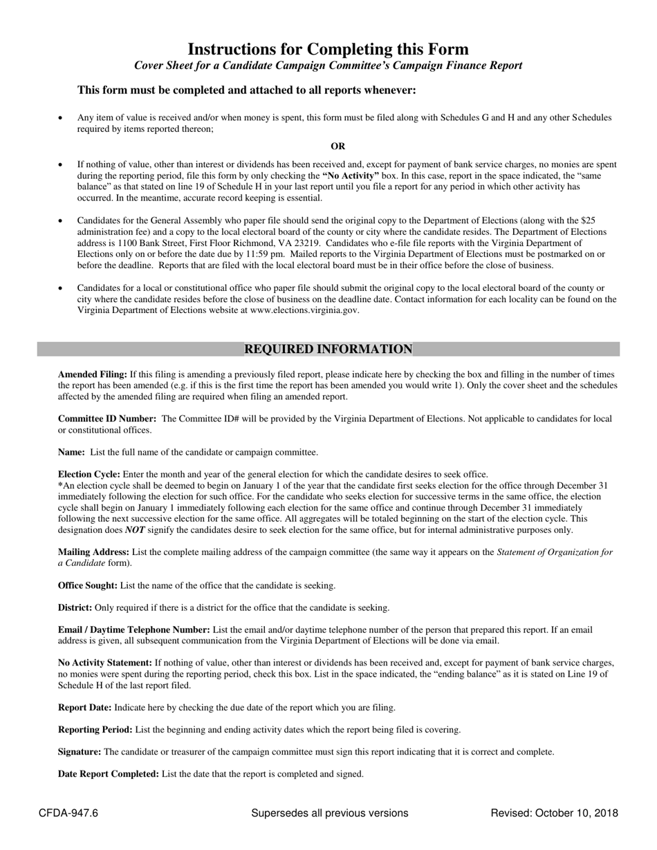 Form CFDA-947.6 Campaign Finance Report for a Candidate Committee - Virginia, Page 2