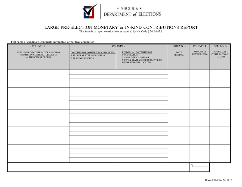 Large Pre-election Monetary or in-Kind Contributions Report - Virginia Download Pdf