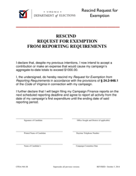 Form CFDA-948.1R &quot;Rescind Request for Exemption From Reporting Requirements&quot; - Virginia