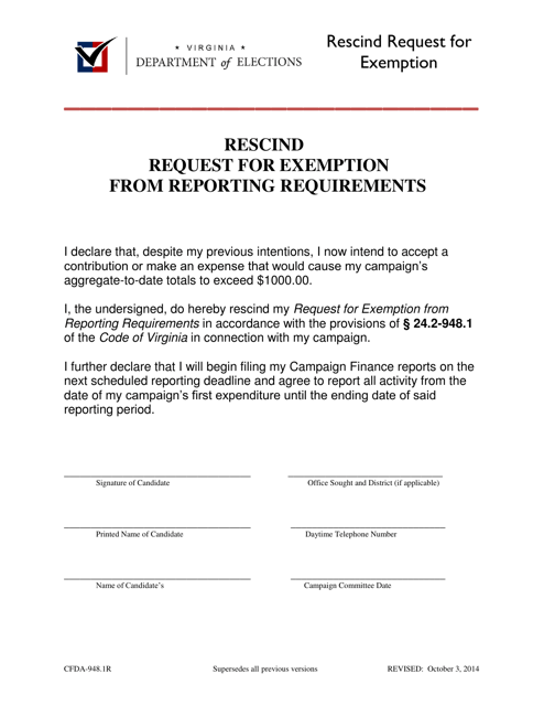 Form CFDA-948.1R Rescind Request for Exemption From Reporting Requirements - Virginia