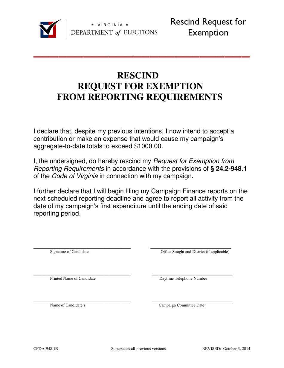 Form CFDA-948.1R Rescind Request for Exemption From Reporting Requirements - Virginia, Page 1
