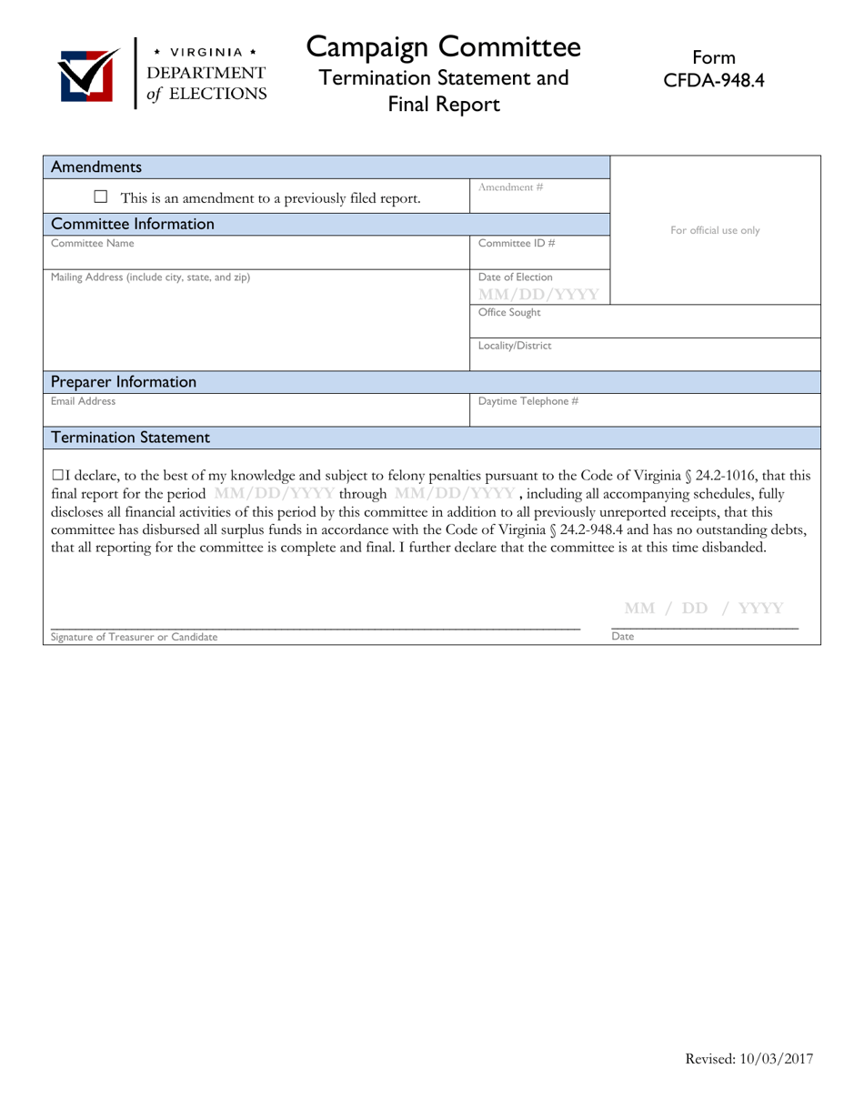 Form CFDA-948.4 Campaign Committee - Termination Statement and Final Report - Virginia, Page 1