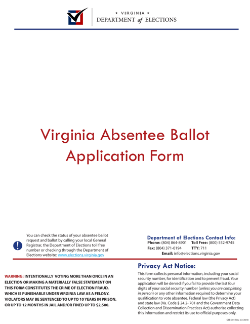 Form SBE-701 Virginia Absentee Ballot Application Form - Virginia