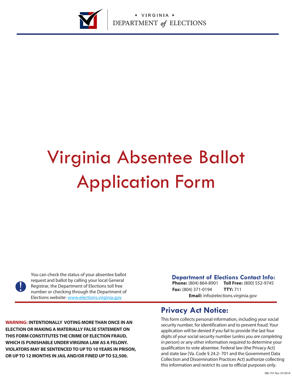 Form SBE-701 Virginia Absentee Ballot Application Form - Virginia, Page 1