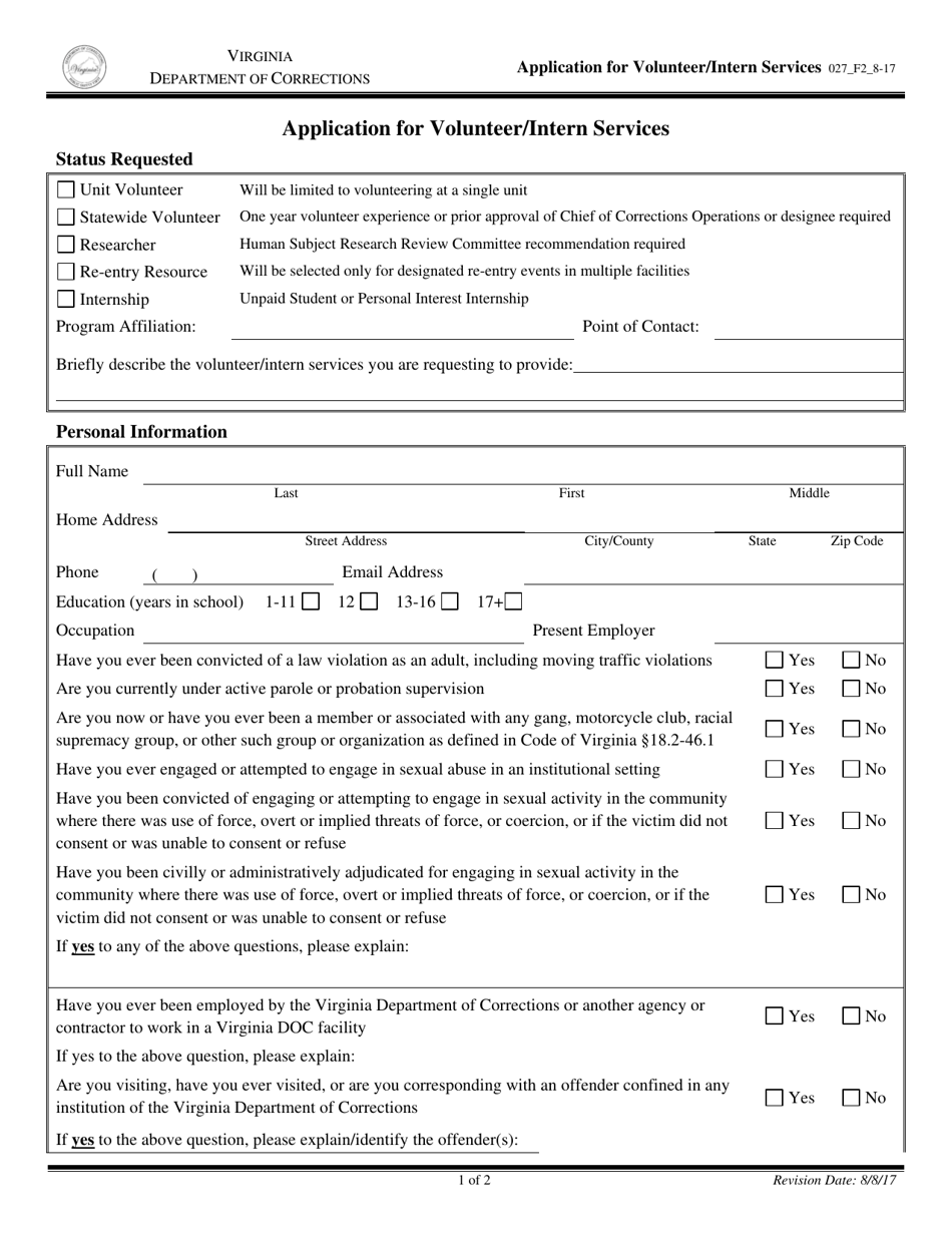 Application for Volunteer / Intern Services - Virginia, Page 1