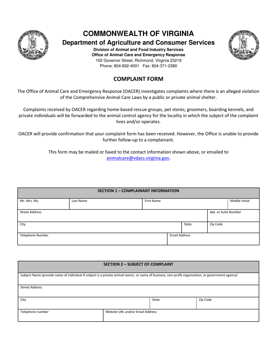 Animal Care Complaint Form - Virginia, Page 1
