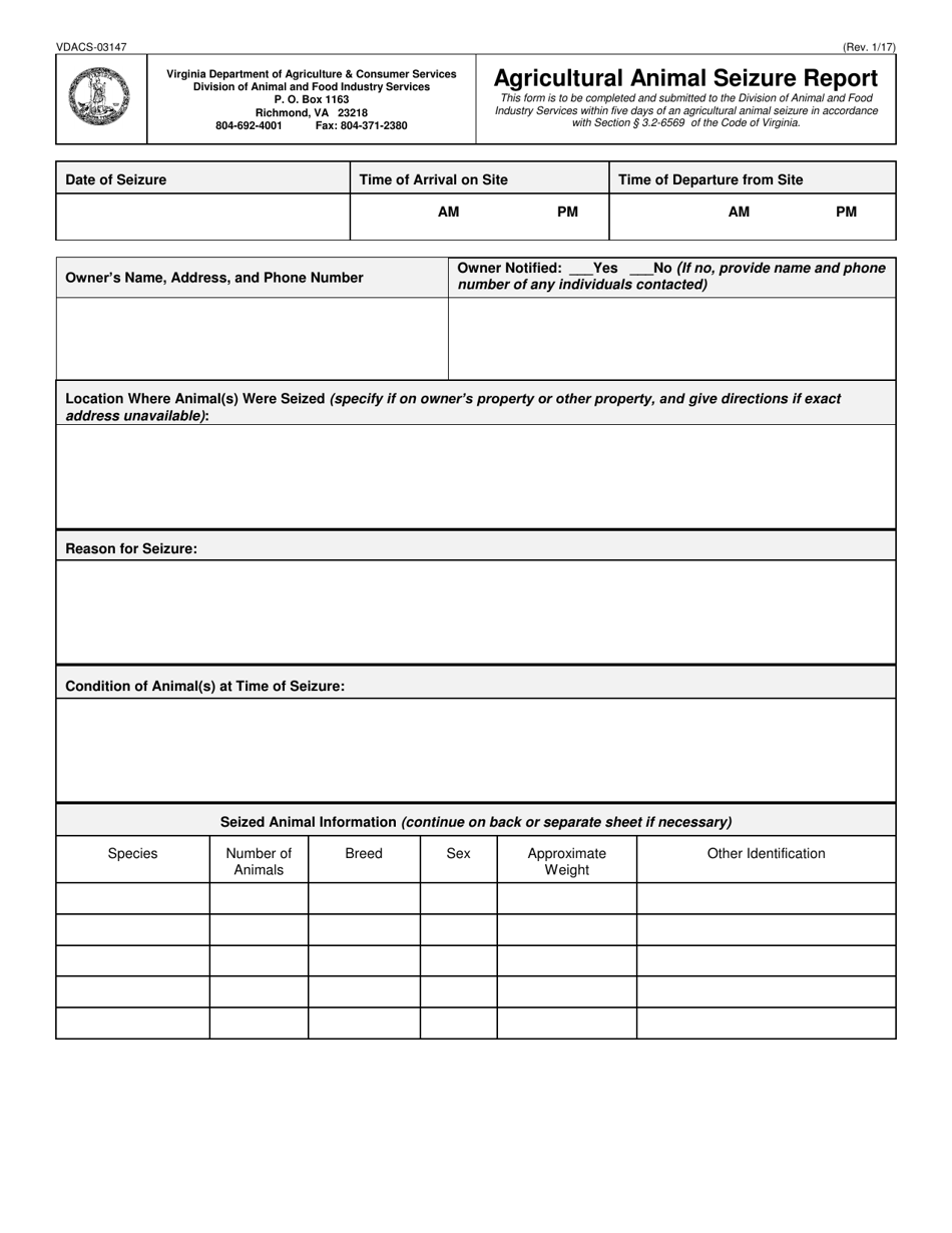 Form VDACS-03147 Agricultural Animal Seizure Report - Virginia, Page 1