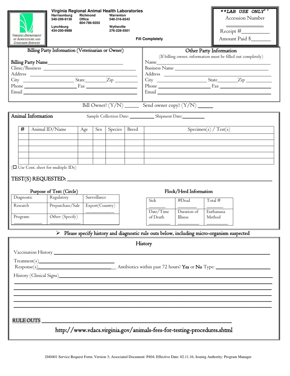 Form D40401 Animal Health Laboratory Submission Form - Virginia, Page 1