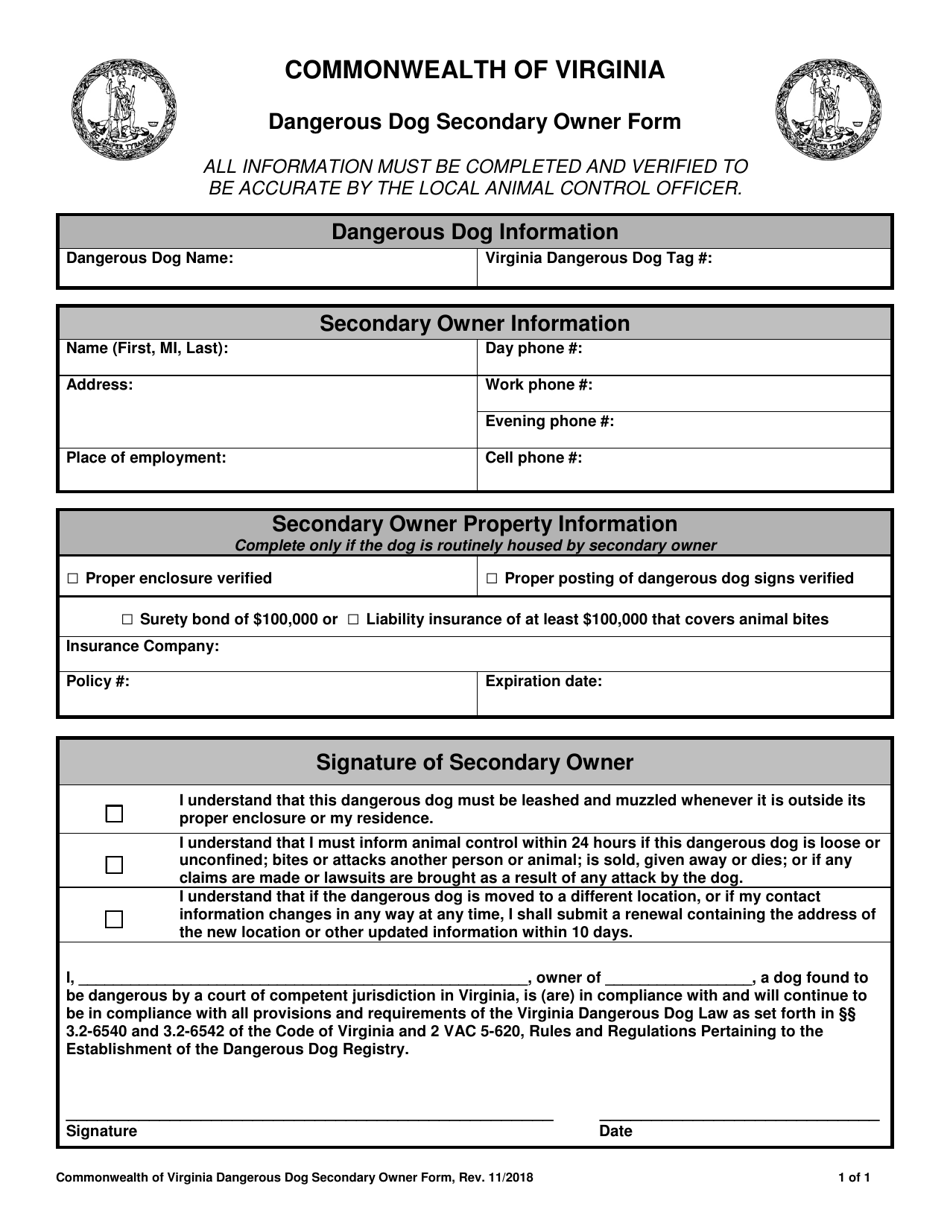 Virginia Dangerous Dog Secondary Owner Form Fill Out, Sign Online and