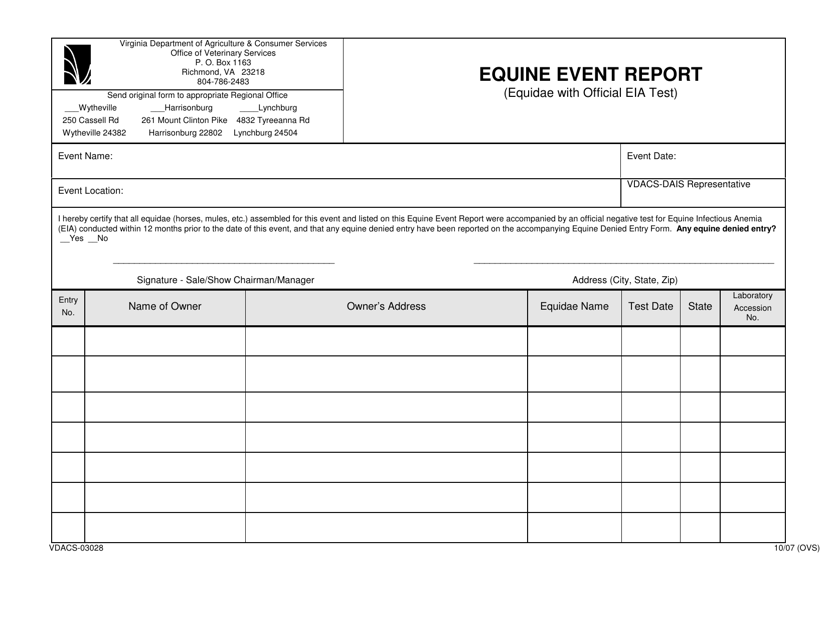 Form VDACS-03028 Equine Event Report - Virginia