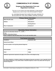 Dangerous Dog Registration Form and Registration Certificate - Virginia