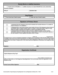 Dangerous Dog Registration Form and Registration Certificate - Virginia, Page 3