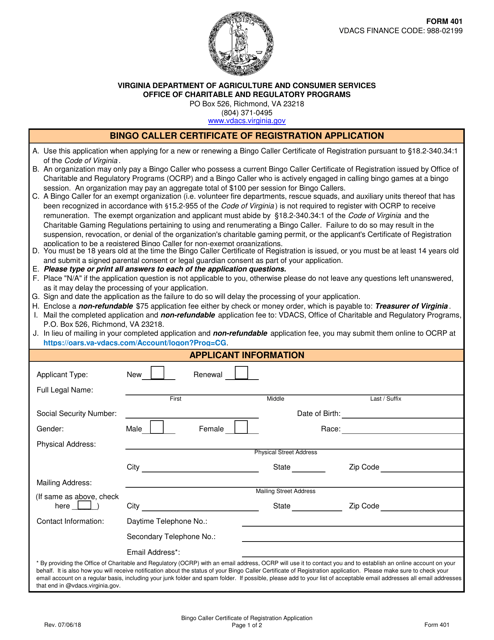 Form 401 Bingo Caller Certificate of Registration Application - Virginia