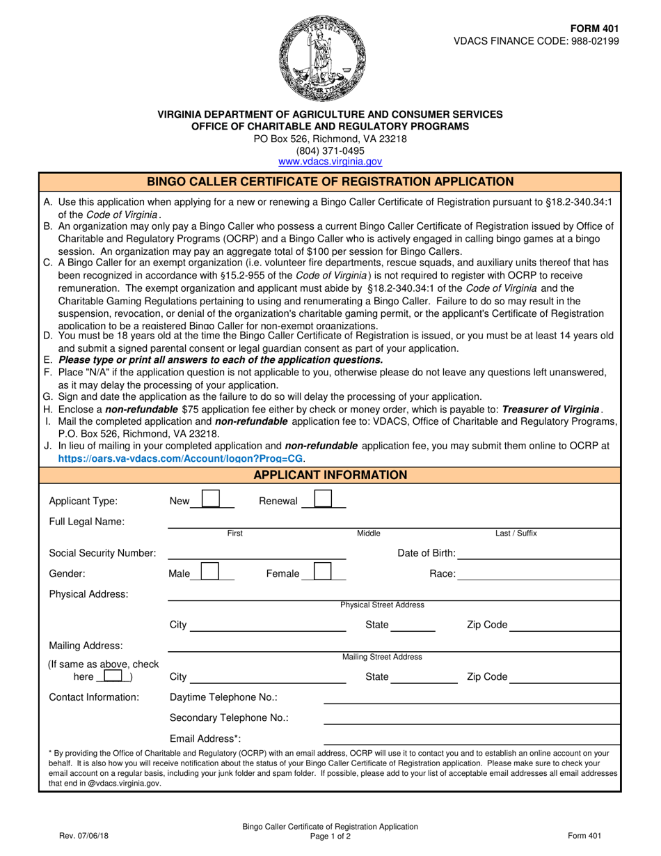 Form 401 Bingo Caller Certificate of Registration Application - Virginia, Page 1
