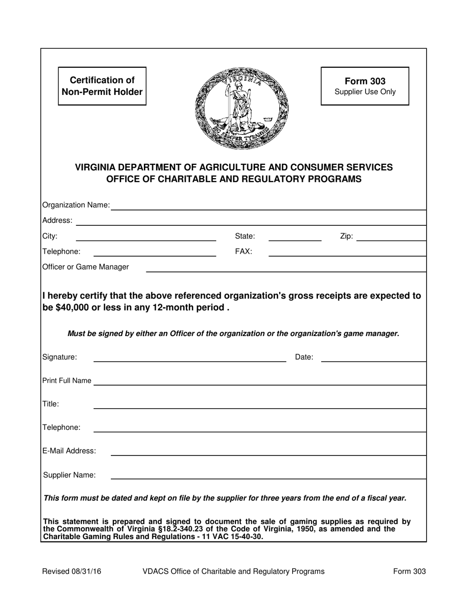 Form 303 Certification of Non-permit Holder - Virginia, Page 1