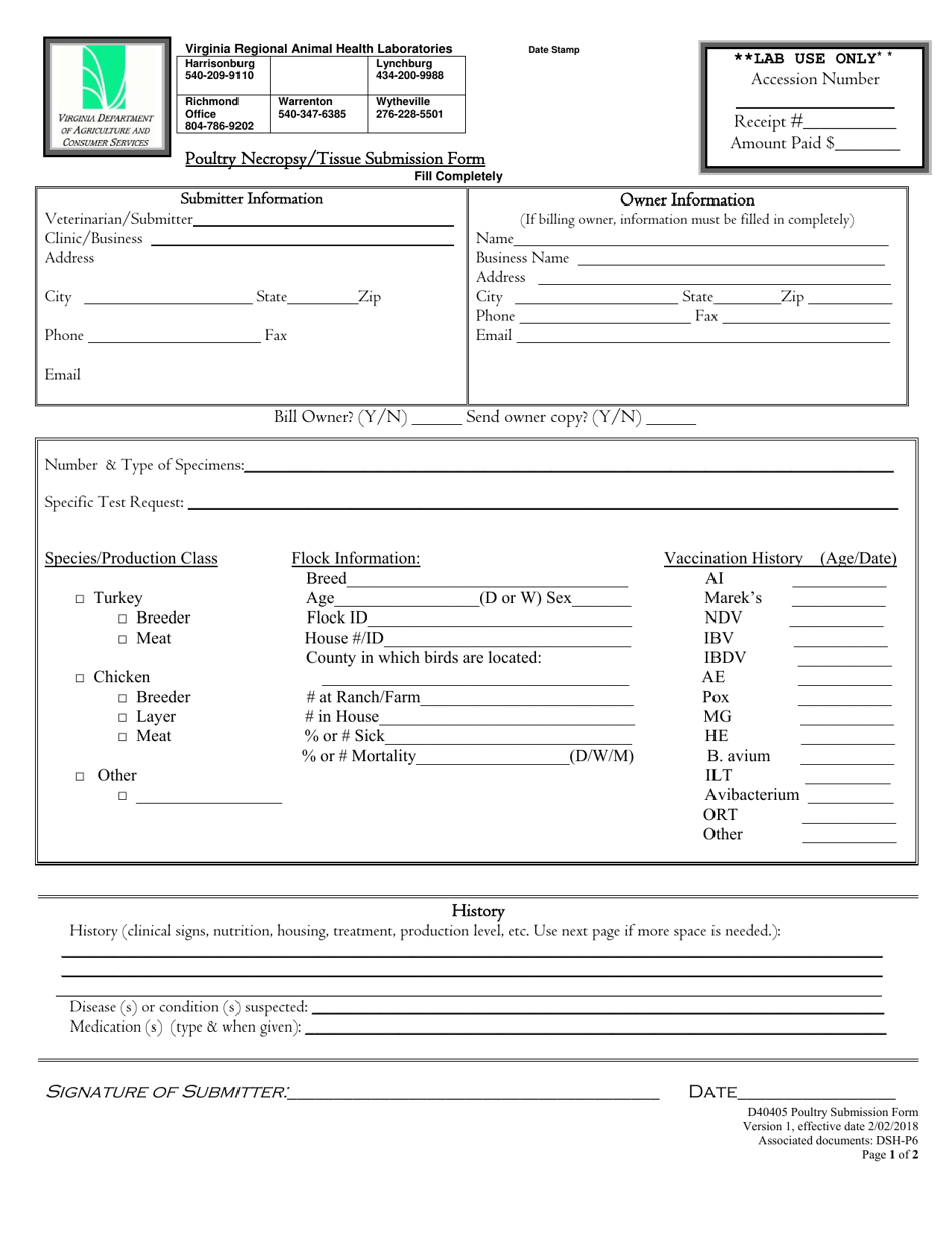 Form D40405 Poulrty Necropsy / Tissue Sumbission Form - Virginia, Page 1