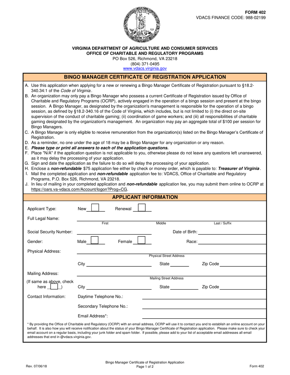 Form 402 Bingo Manager Certificate of Registration Application - Virginia, Page 1