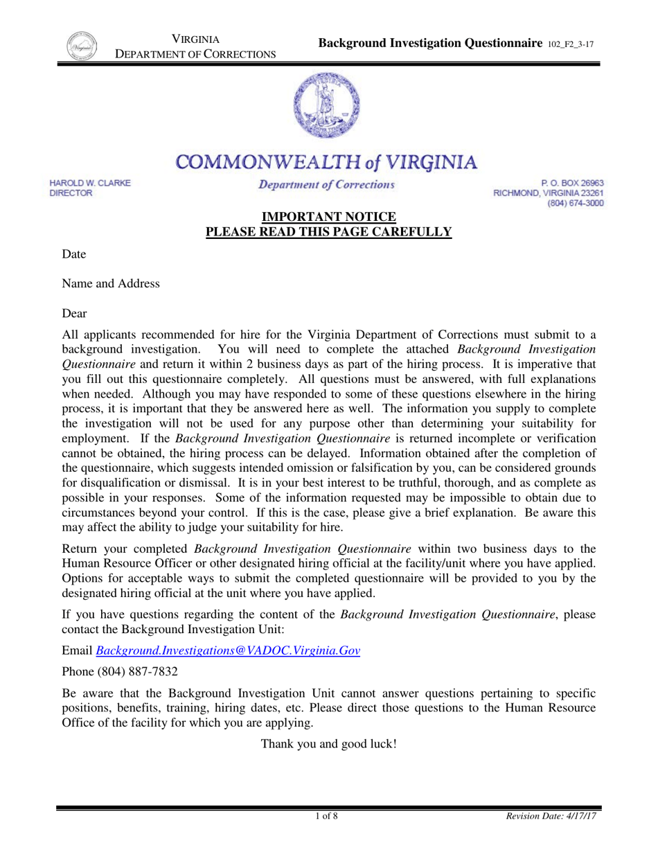 Virginia Background Investigation Questionnaire Fill Out, Sign Online