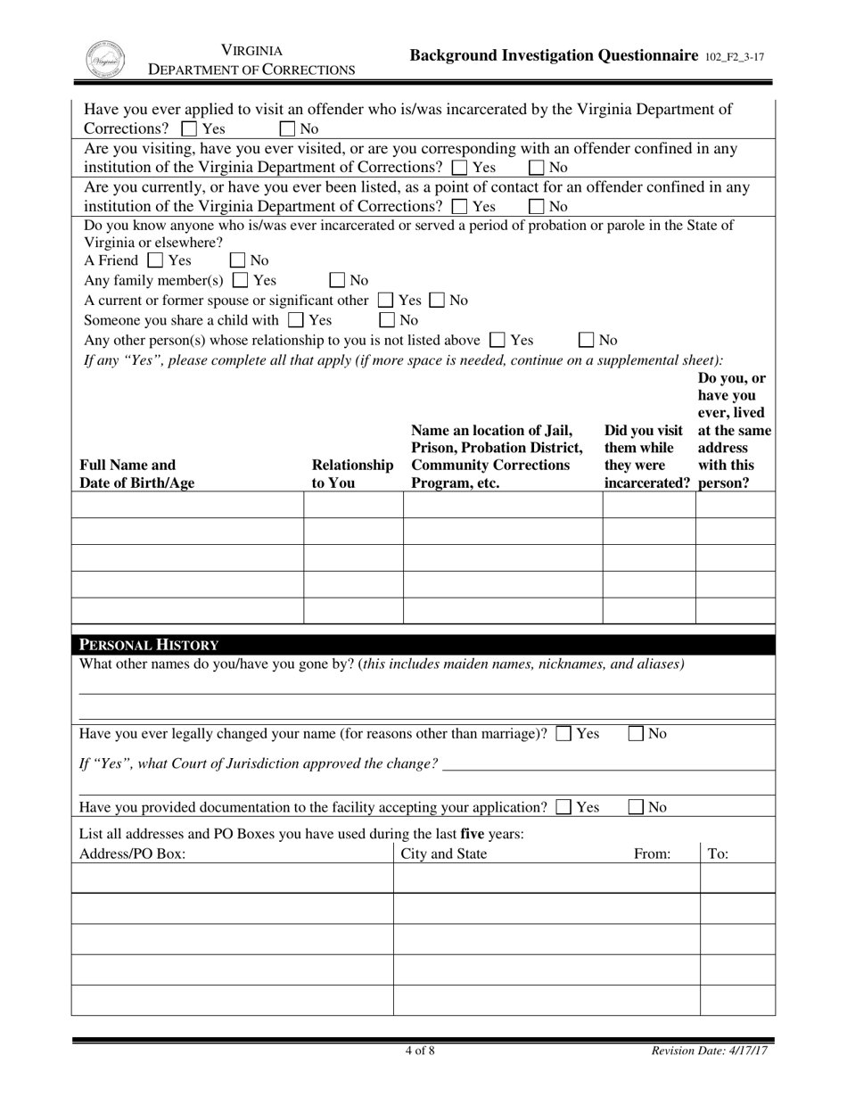 Background Investigation Questionnaire - Virginia, Page 4