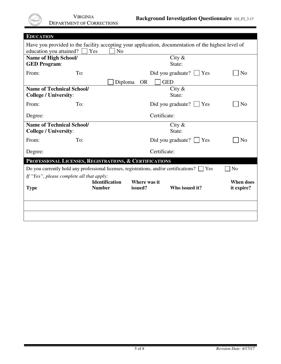 Background Investigation Questionnaire - Virginia, Page 5