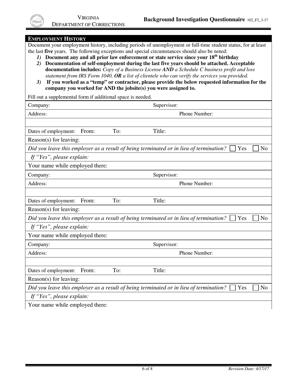 Background Investigation Questionnaire - Virginia, Page 6