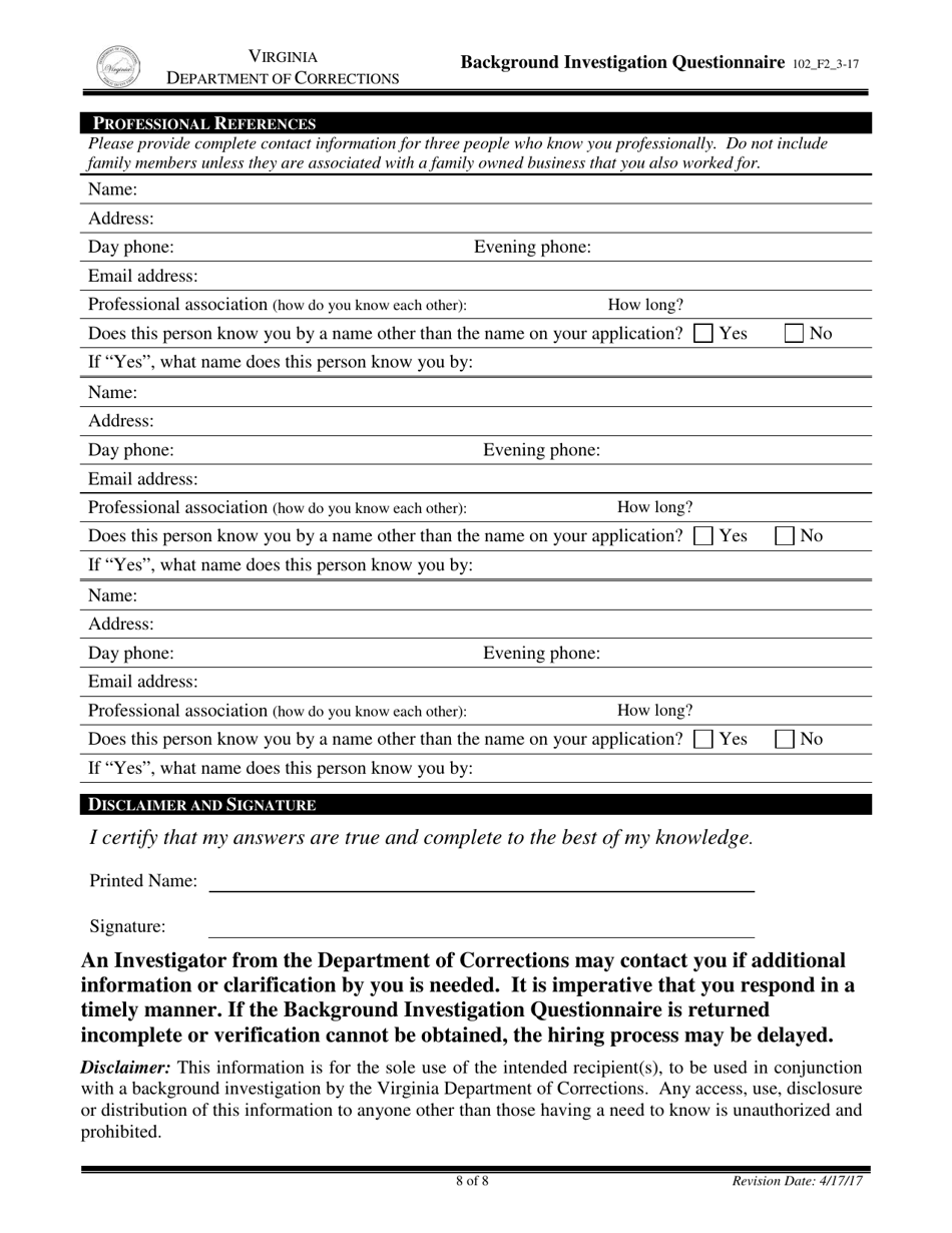 Virginia Background Investigation Questionnaire - Fill Out, Sign Online ...